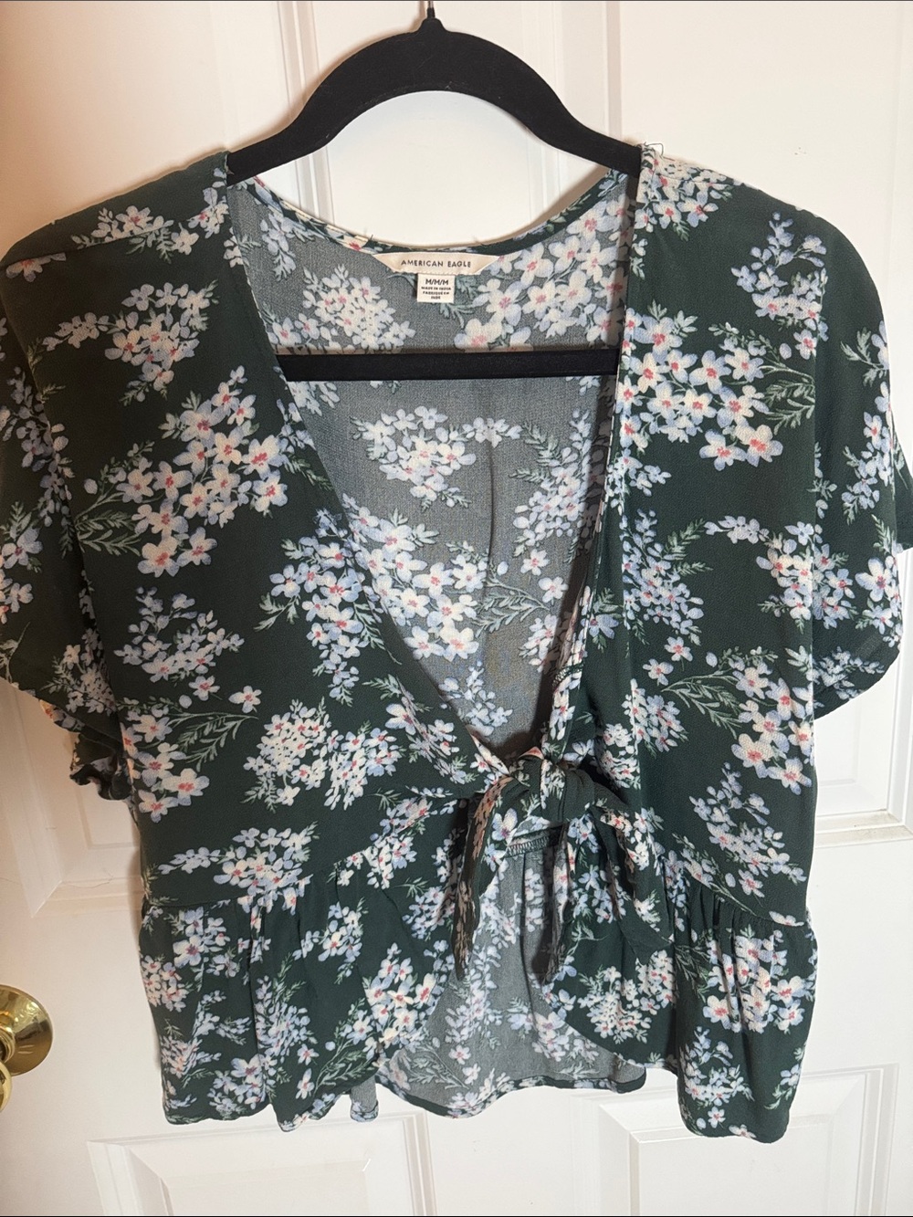 American Eagle Outfitters Dark Green Floral Tie-Front Blouse